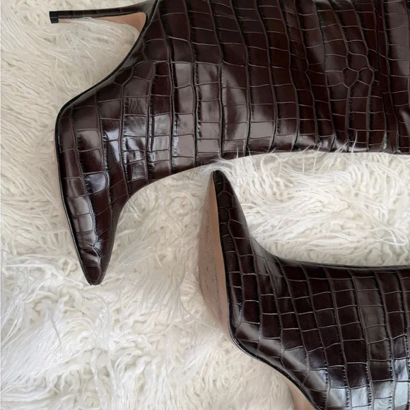 SCHUTZ Dark Brown Croc-Embossed Over-the-Knee Stiletto Boots - Picture 2 of 2